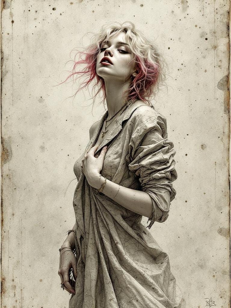 Pin-Up Woman with Pink Hair, Scrimshaw Style