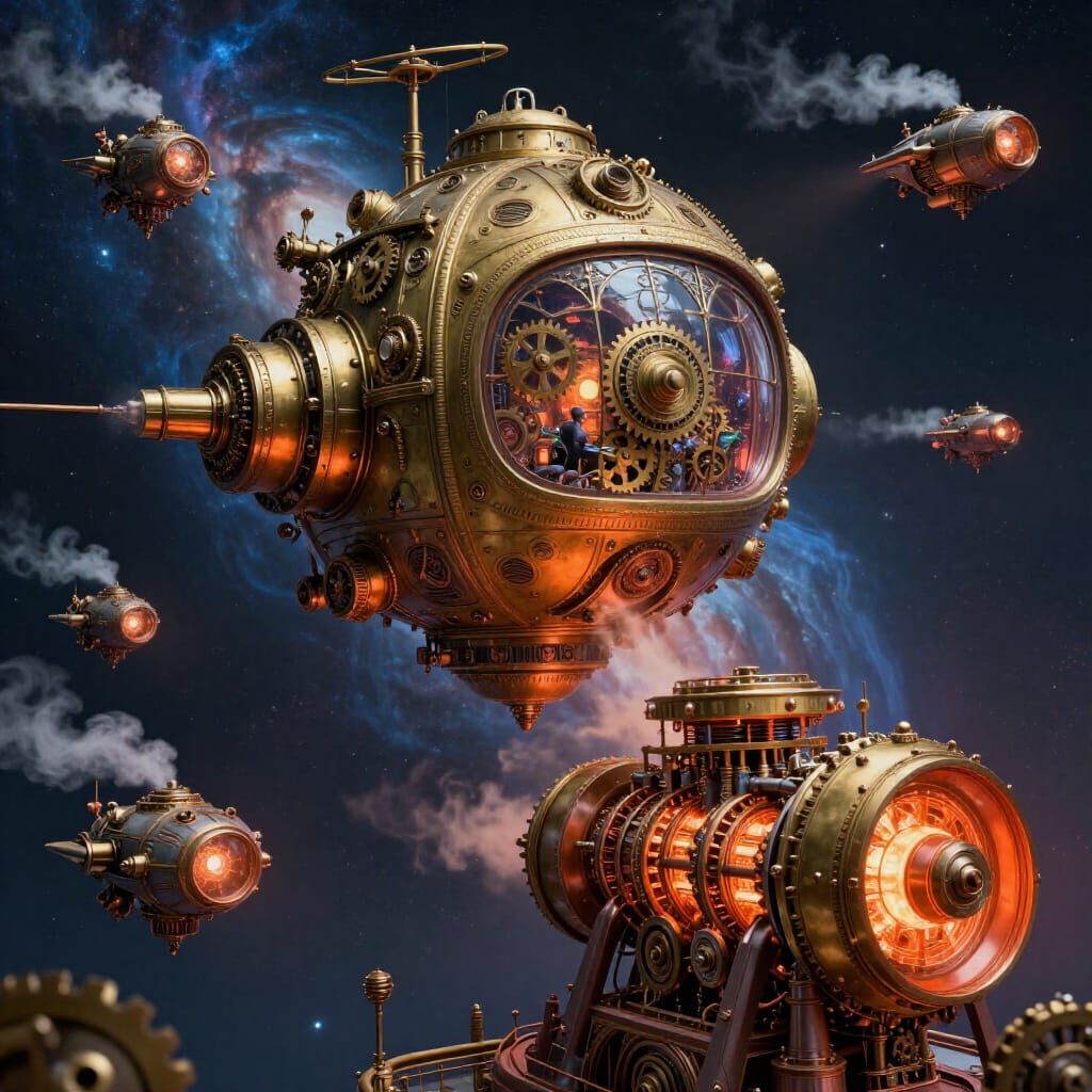 Steampunk Space Station with Victorian Spacecraft