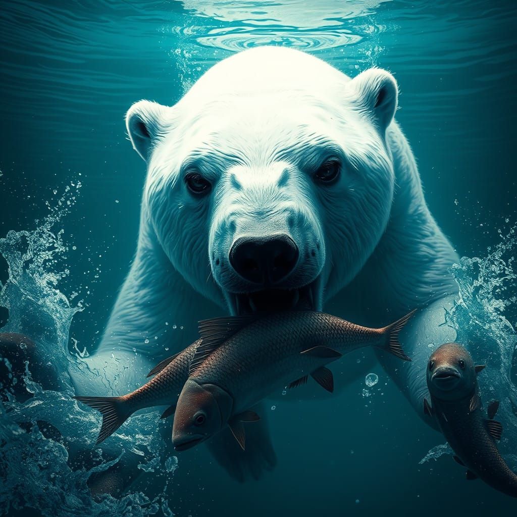 Scary Polar Bear in Splashing Water Eating Fish in a Fantast...