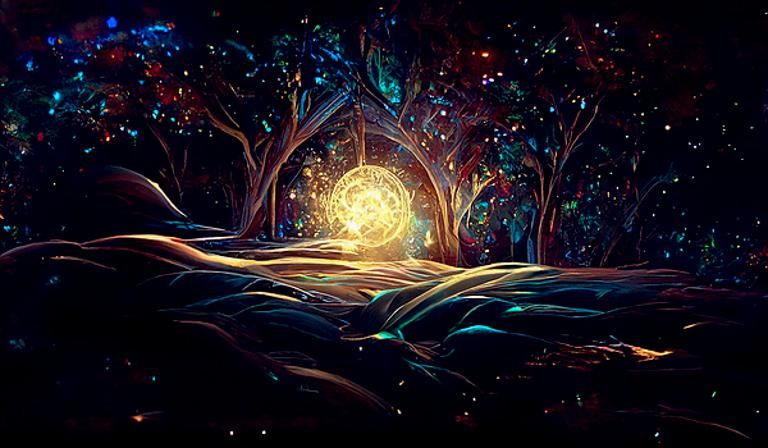 Luminescent Magical Tree in Whimsical Sci-Fi Landscape