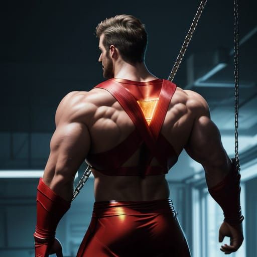 Hyperrealistic Lab Scene of Chained Superhero in Desperate S...