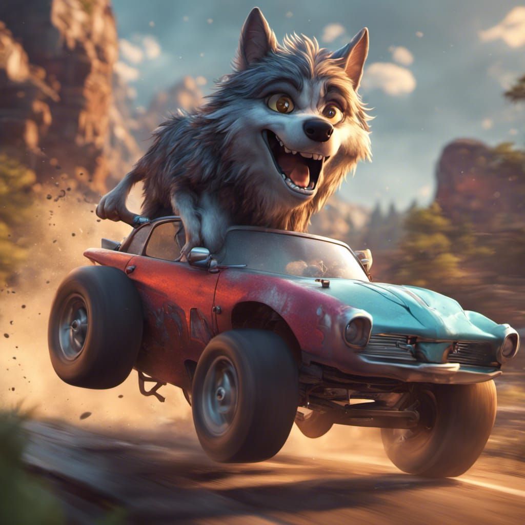 Cartoon Wolf Races a Car: Detailed Digital Art