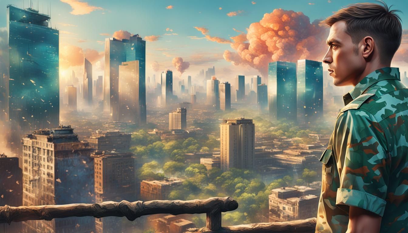 Man in Safari Shirt Against Hyperrealistic Cityscape