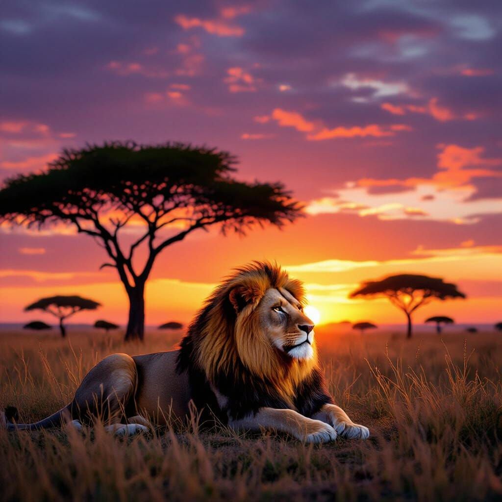 Majestic Lion Resting in Vibrant Savannah at Sunset