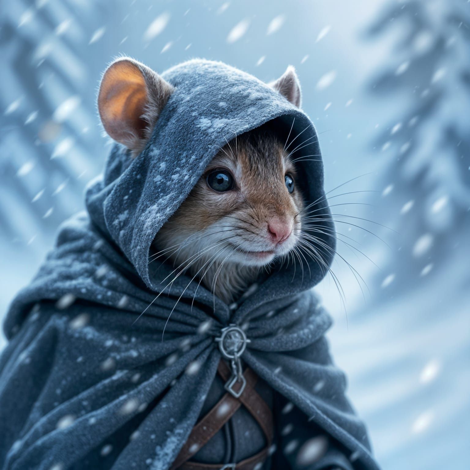 Anthropomorphic Mouse in Blizzard, Ethereal Fantasy Art