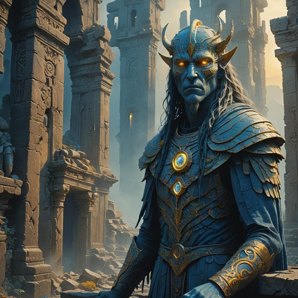 Blue Vedalken Amidst Mystical Ruins in Digital Painting