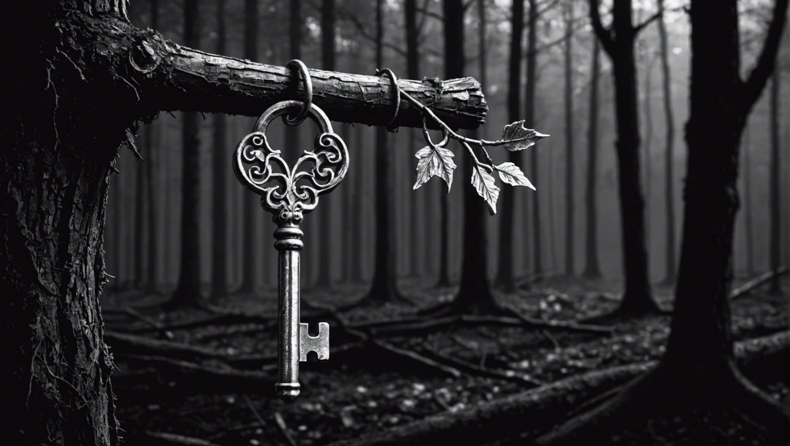 Old Key in Dark Forest: Black and White Drawing