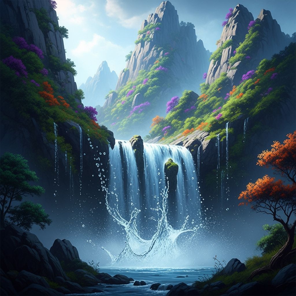 Whimsical Waterfall from Majestic Mountains in Matte Paintin...