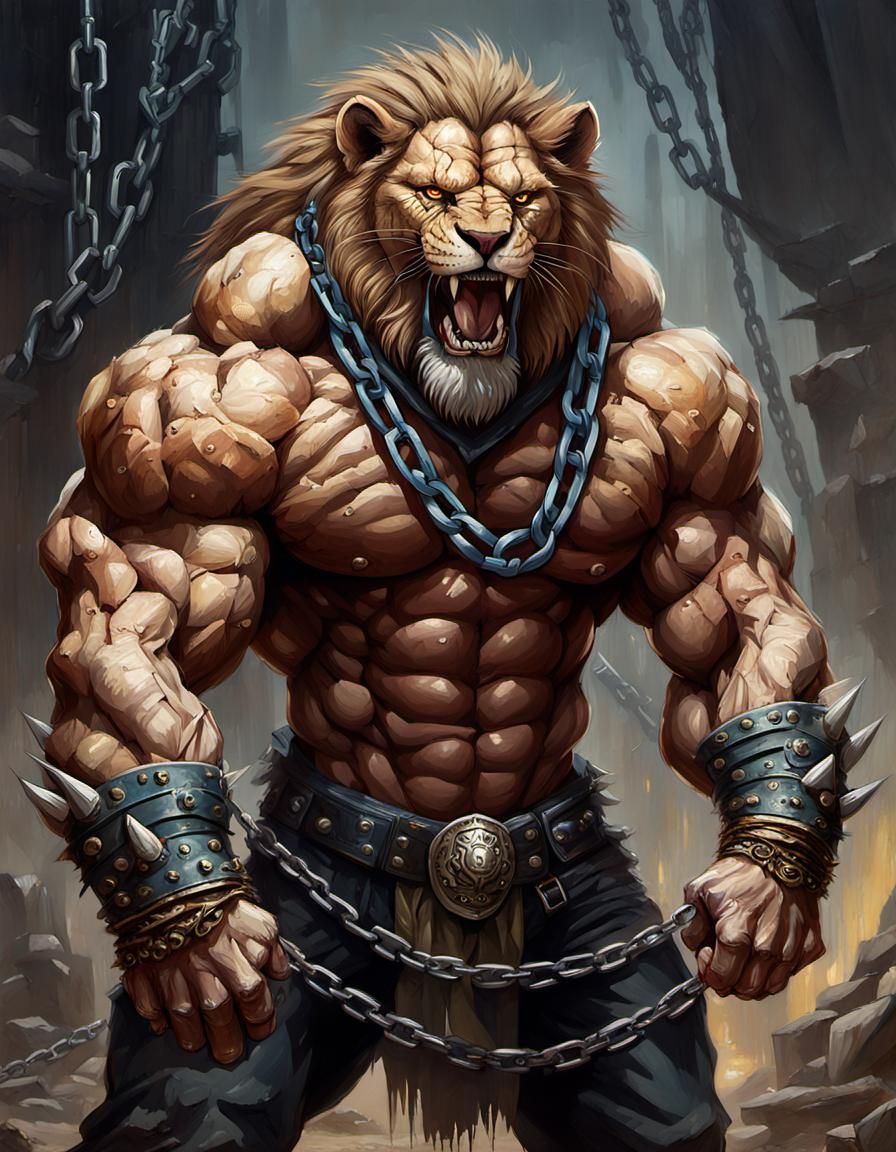 anthropomorphic lion man with massive muscular muscle ,8k resolution concept art with chains,spikes and huge claws