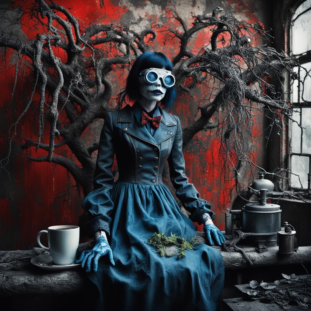 Goth Model in Decaying Cyberpunk Landscape