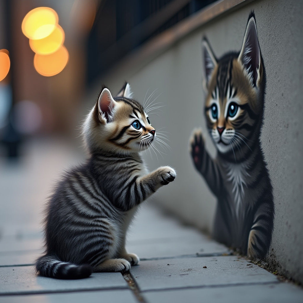 Kitten Reaching for its Mural Reflection