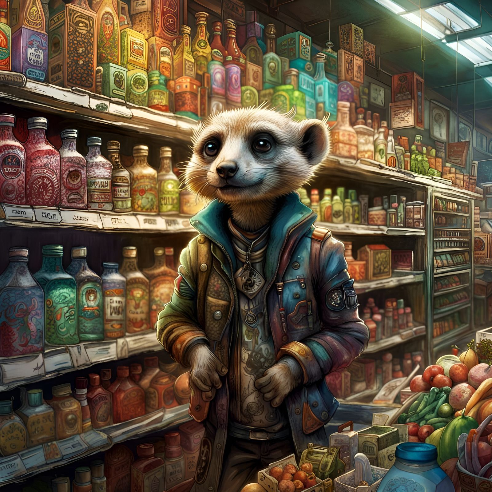 Punk Meerkat Grocer in Maximalist Fantasy Style