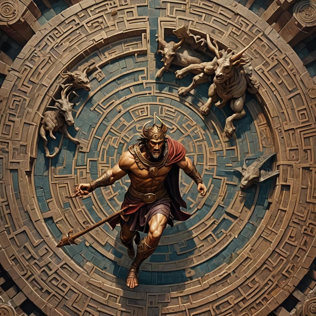 Theseus and the Minotaur in Dark Fantasy Style