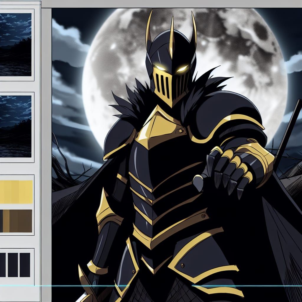 Menacing Knight in Gold Armor under Moonlight, Manga Style