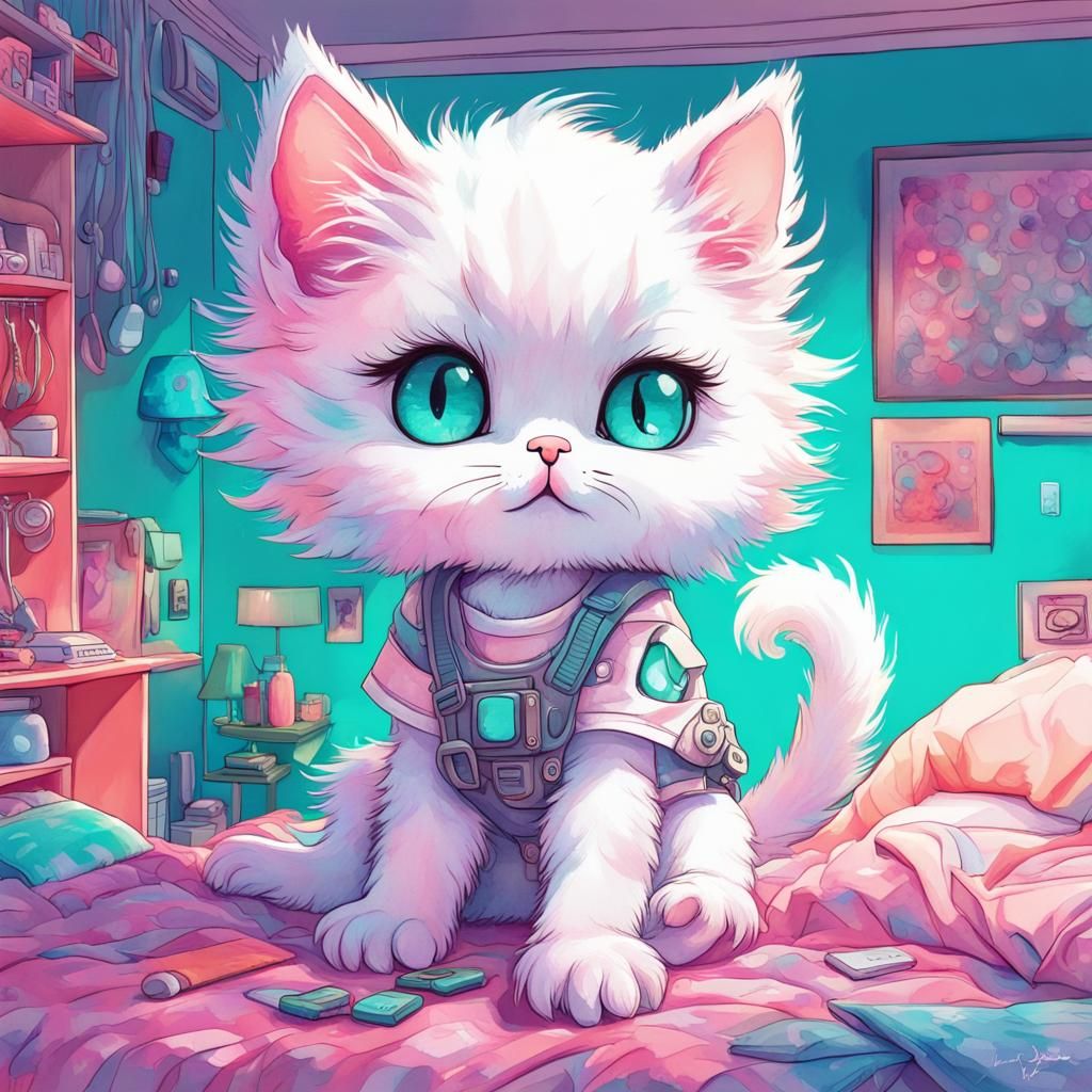 Playful Chibi Kitten in Neon Bedroom