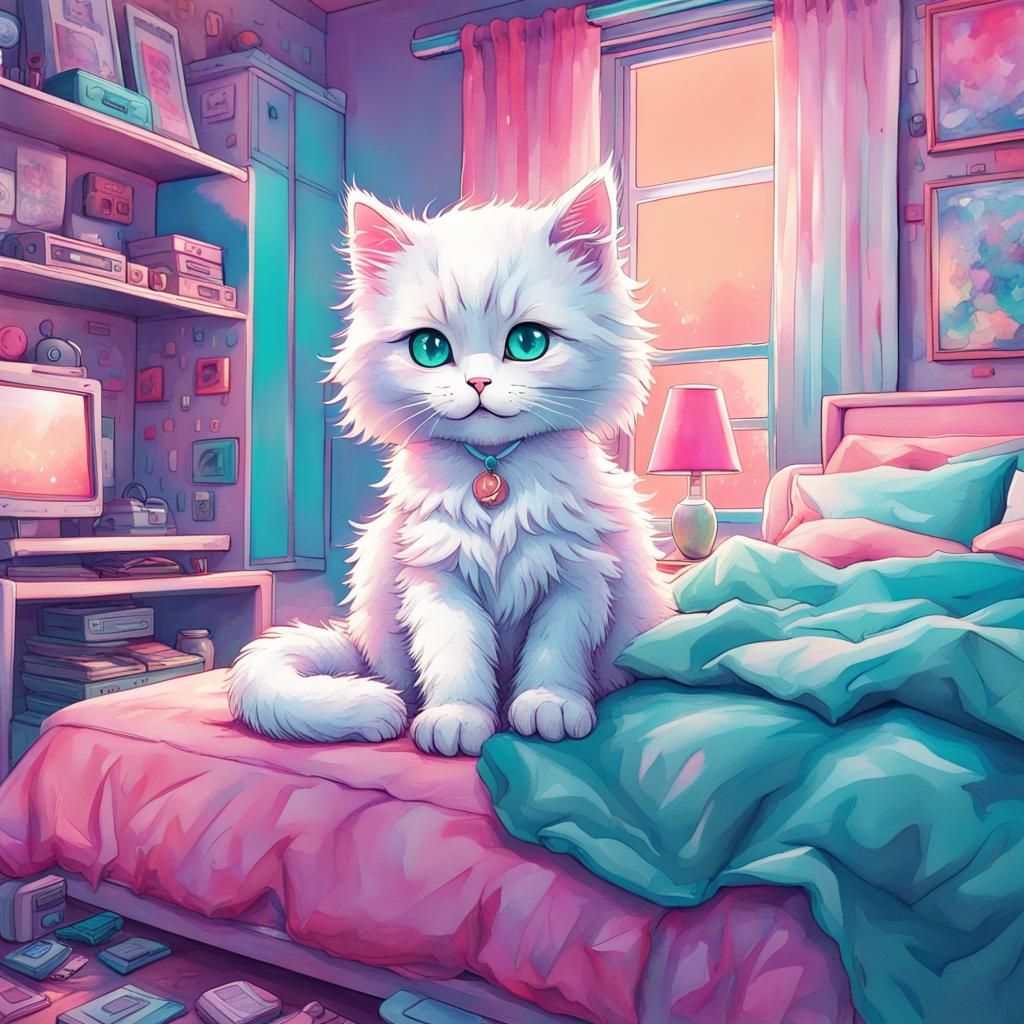 Playful Chibi Kitten in Neon Bedroom Watercolor