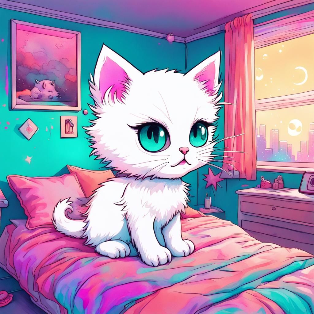 Playful Chibi Kitten in Neon Bedroom