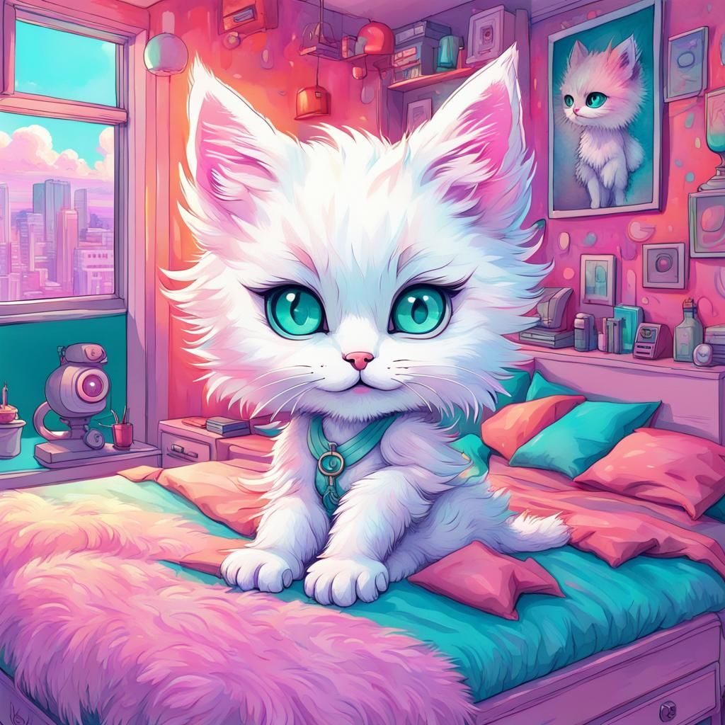 Playful Chibi Kitten in Neon Bedroom