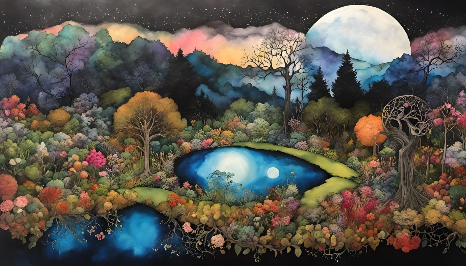 Midnight Garden Under Full Moon in Alcohol Ink Style