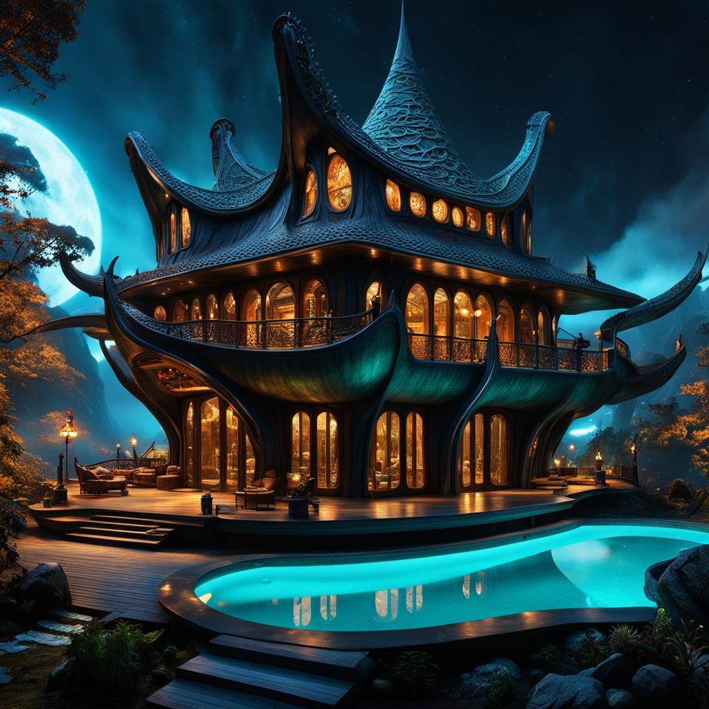 Futuristic Orc Snail House in Middle-Earth at Night