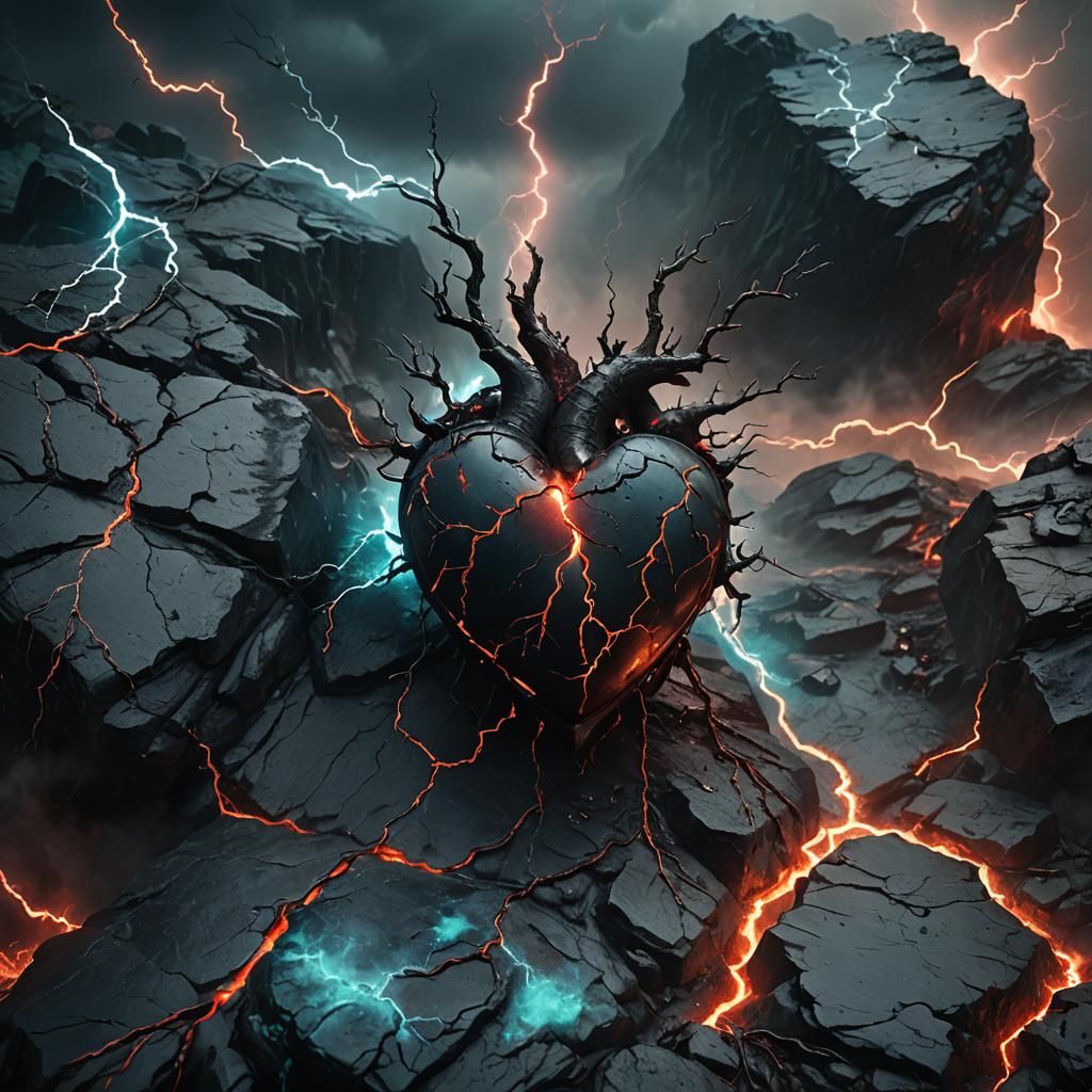 Glowing Black Heart in Dark Fantasy Landscape