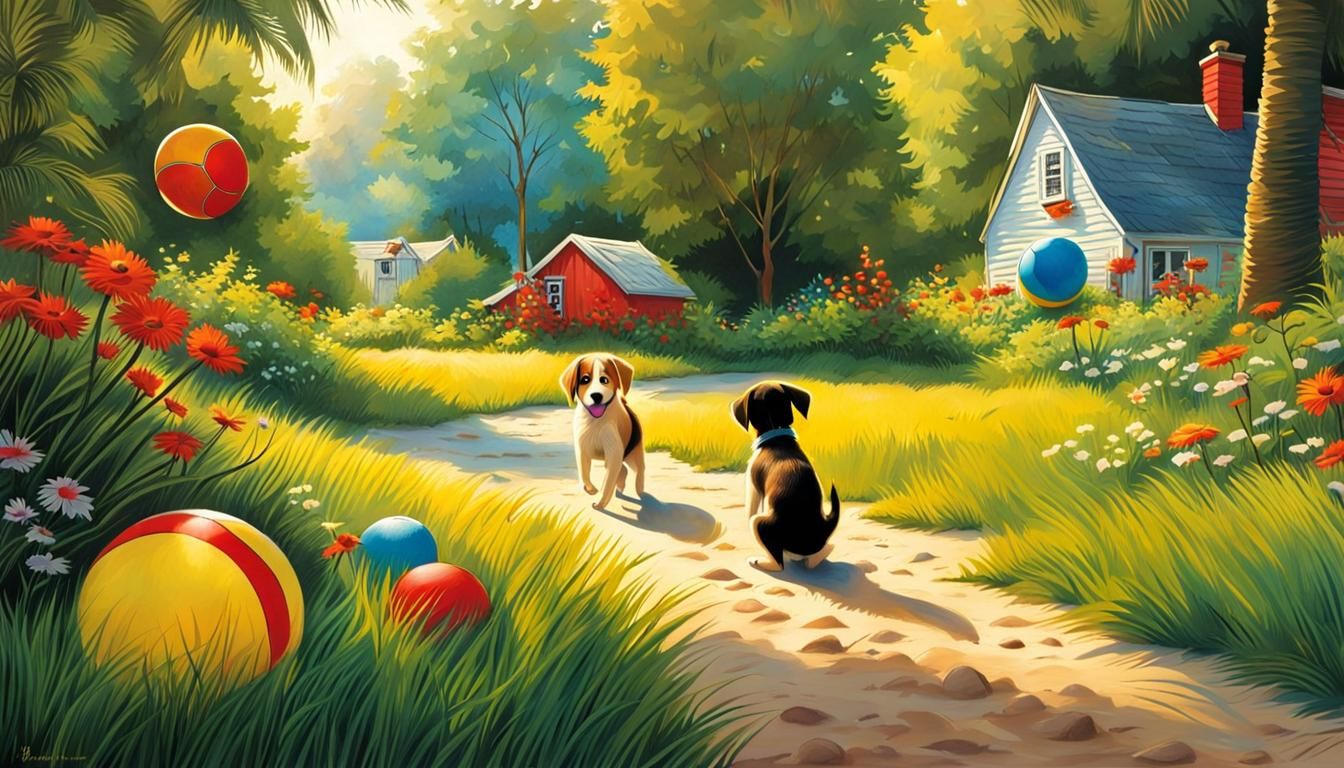 Puppy's Beachball Fun: A Whimsical Storybook Illustration