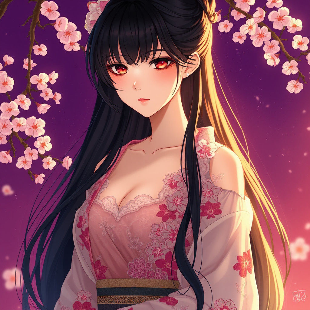 Anime Maiden in Kimono with Cherry Blossoms