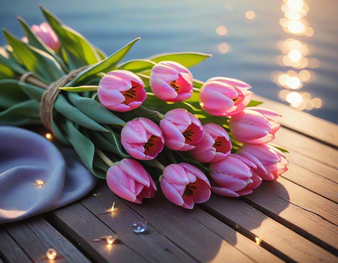 Vibrant Pink Tulips in Soft Focus with Fairy Lights
