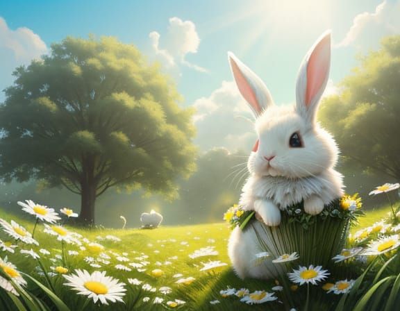 Cute Rabbit on Giant Daisy in Whimsical Fantasy Style