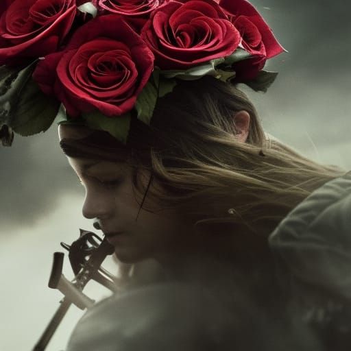 Field of roses in a battlefield Professional photography, bokeh, natural lighting, canon lens, shot on dslr 64 megapixel...