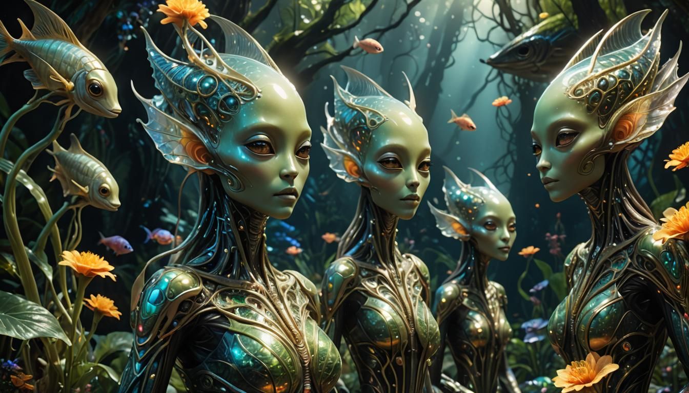 Translucent Sea Creatures in a Radiant Alien Landscape