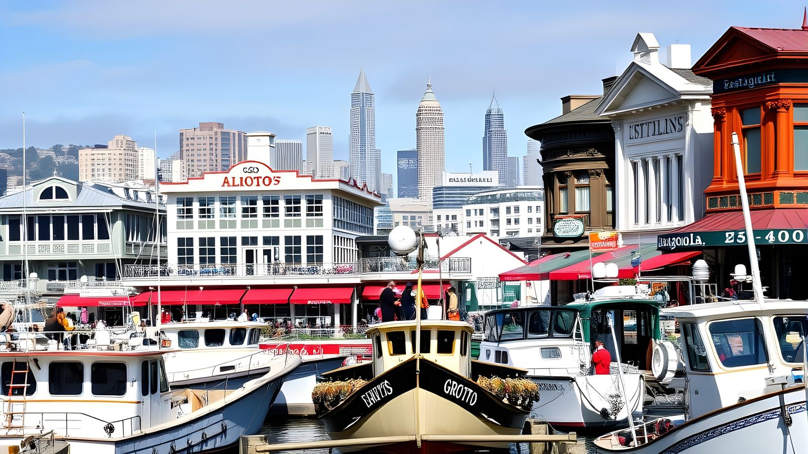 San Francisco Wharf Scene with Fishing Boats and Restaurants