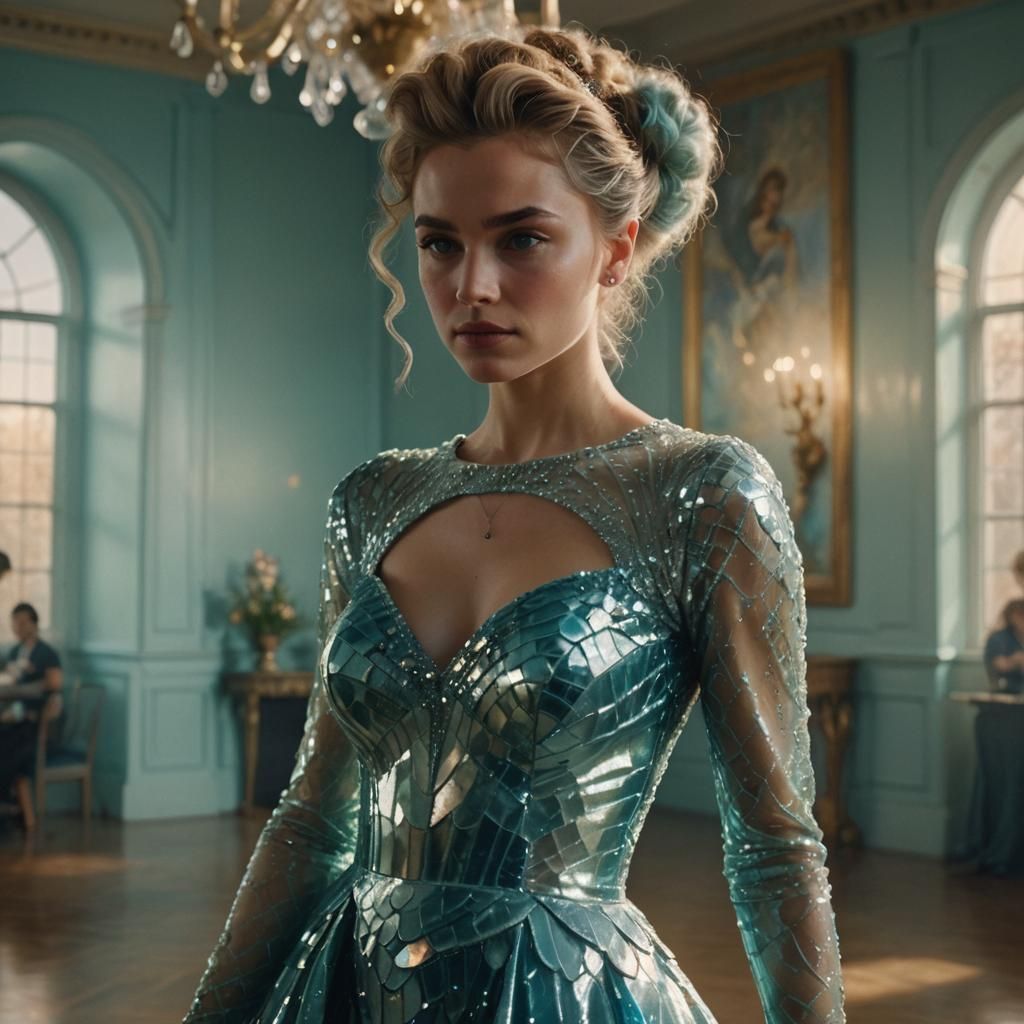 Woman in Crystal Mermaid Gown, Photorealistic Oil Painting