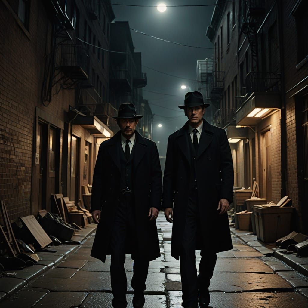 Men in Trench Coats Stand in a Dark Alleyway