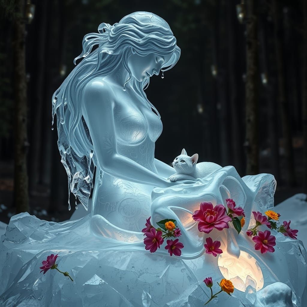 Melting Ice Sculpture in Dreamlike Forest