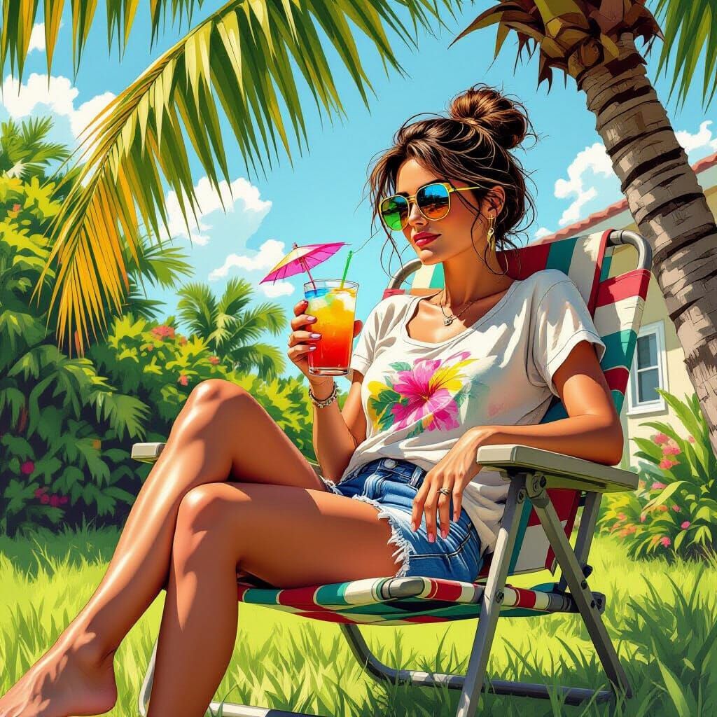 Housewife Relaxing in Backyard, Comic Book Style