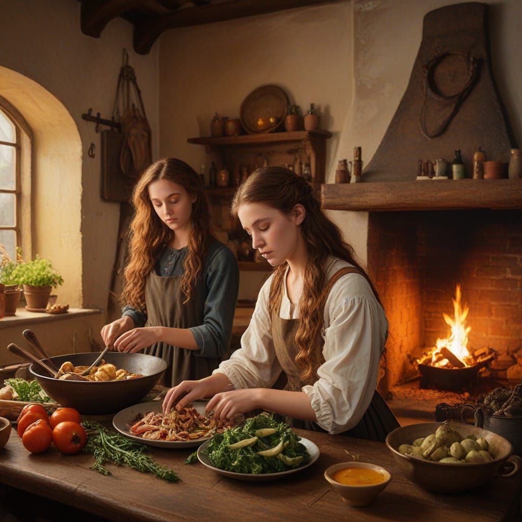 Medieval Kitchen Scene with Young Girls as Oil Painting