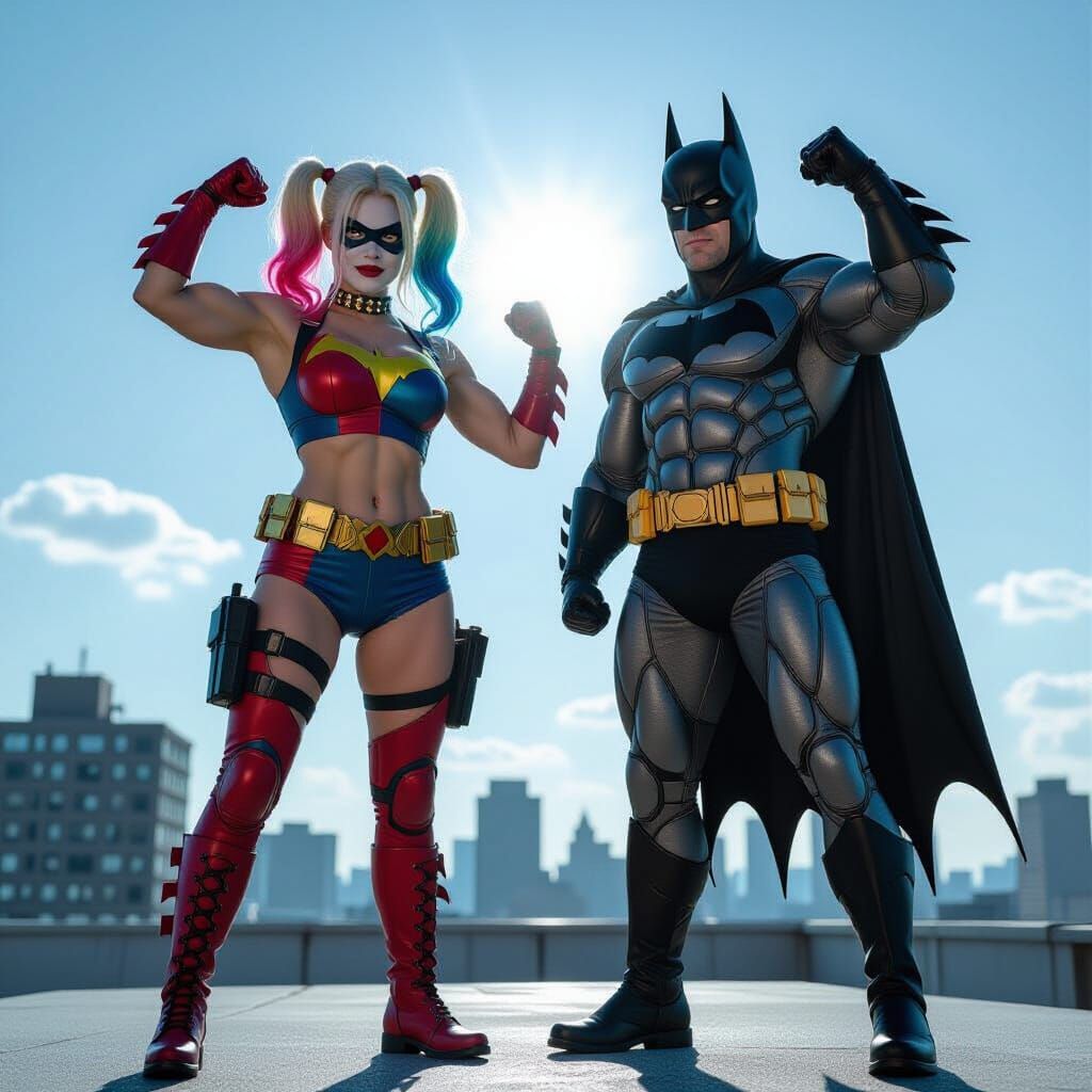 Harley Quinn and Batgirl Flexing on Rooftop