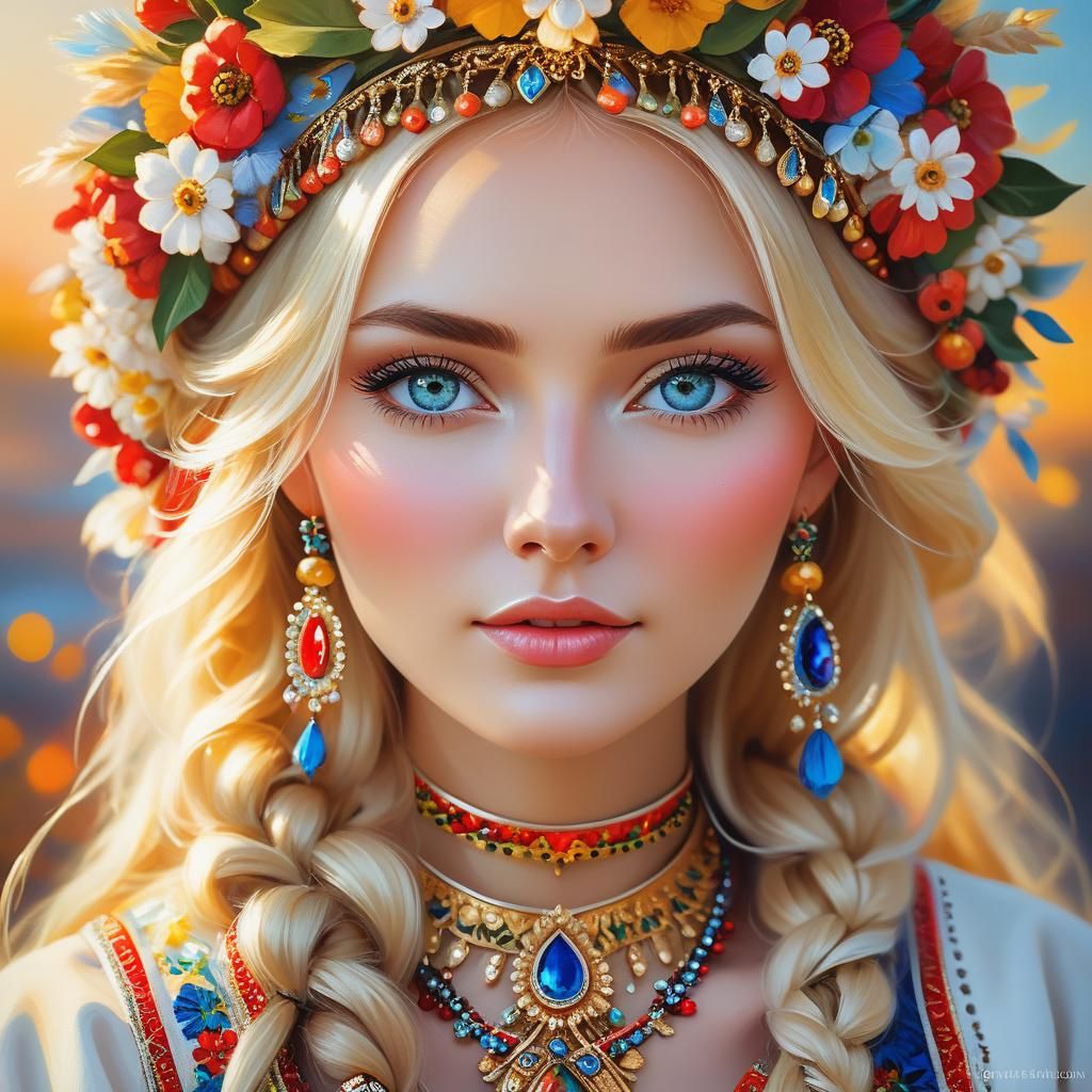 Russian Beauty in Slavic Clothing: Oil Painting