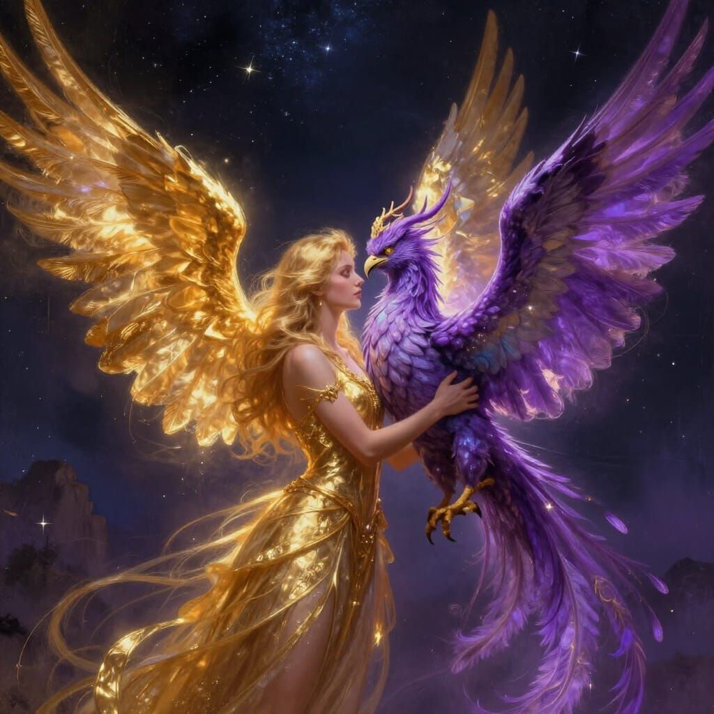 Angel and Purple Phoenix Embrace Under Midnight Sky