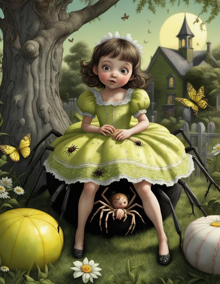 Miss Muffet and Spider in Hyperdetailed Garden
