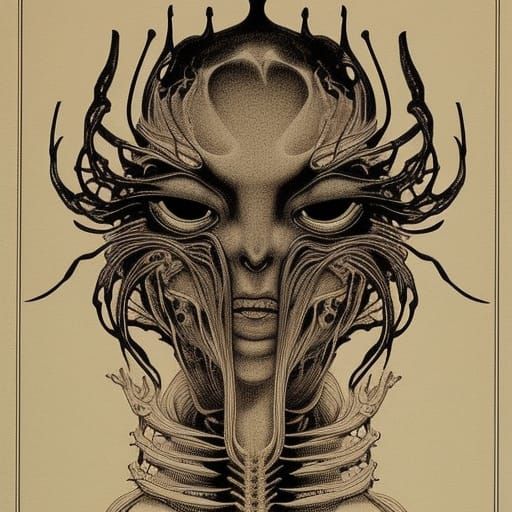 Intricate Alien Technical Drawing in Dark Epic Style