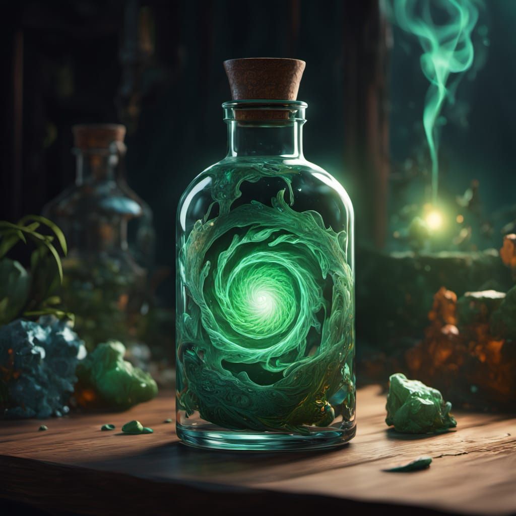 Mystical Love Potion Bottle Glows in Ethereal Mist