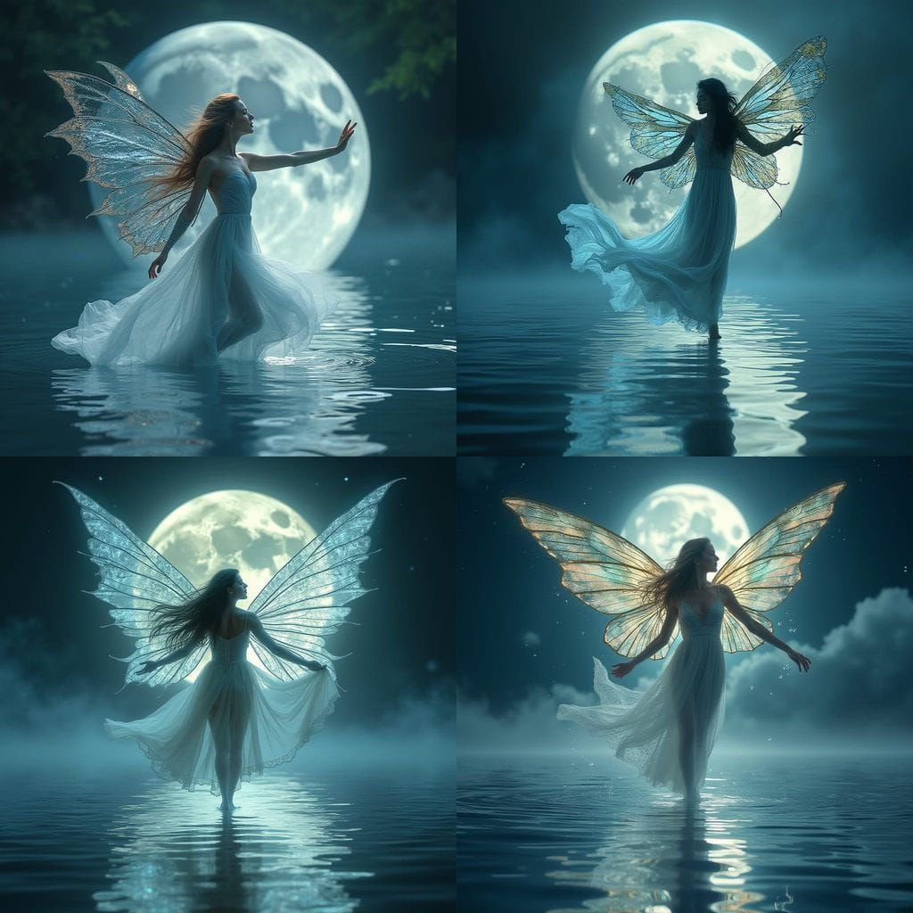 Mystical Fae Woman Dances on Crystalline Lake in Moonlit Eth...