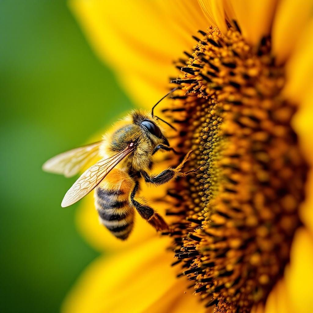 Bee Collecting Pollen on Sunflower: Macro Shot