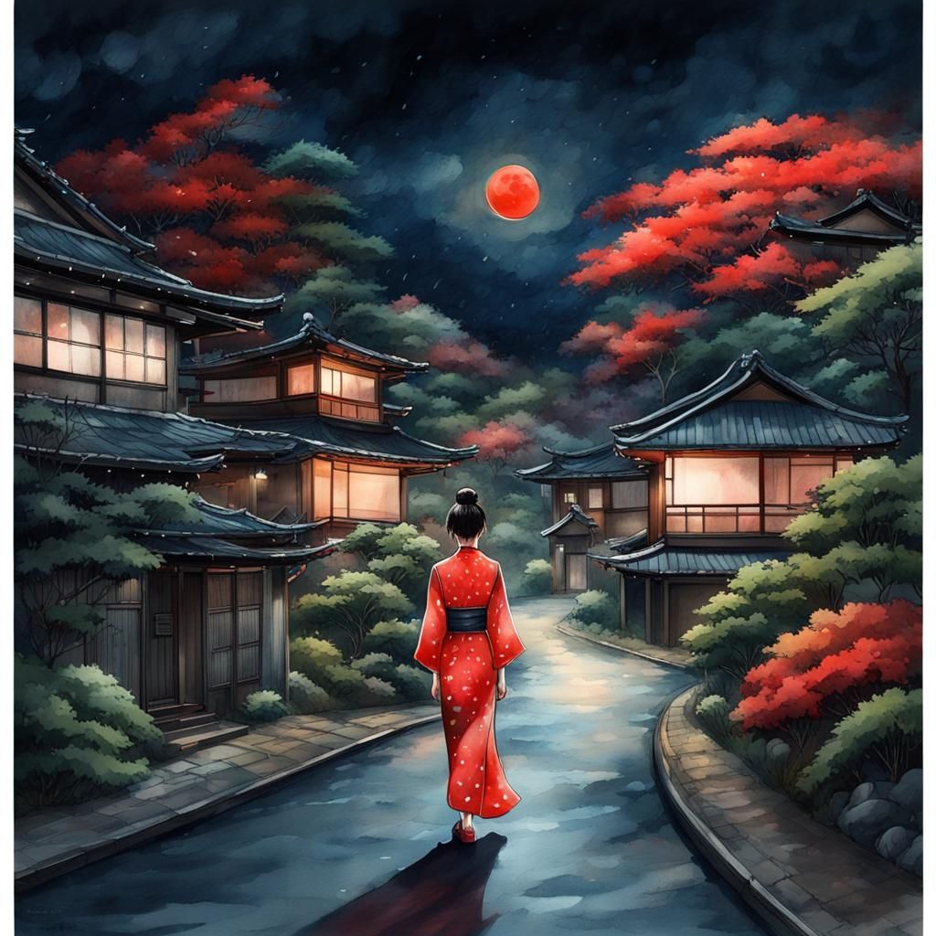 Japanese Houses on Hill at Night in Watercolor