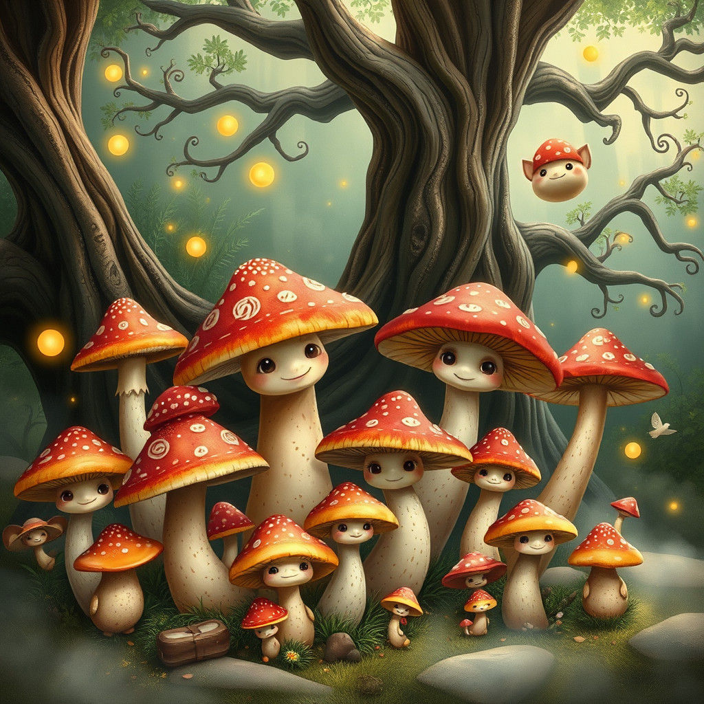 Mushroom People in Dreamlike Forest Illustration