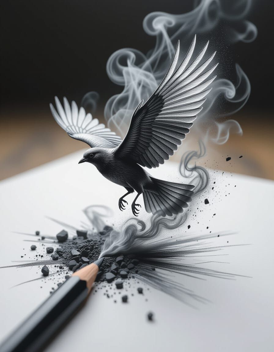 Charcoal Pencil Sketches Bird in Flight, Macro Realism