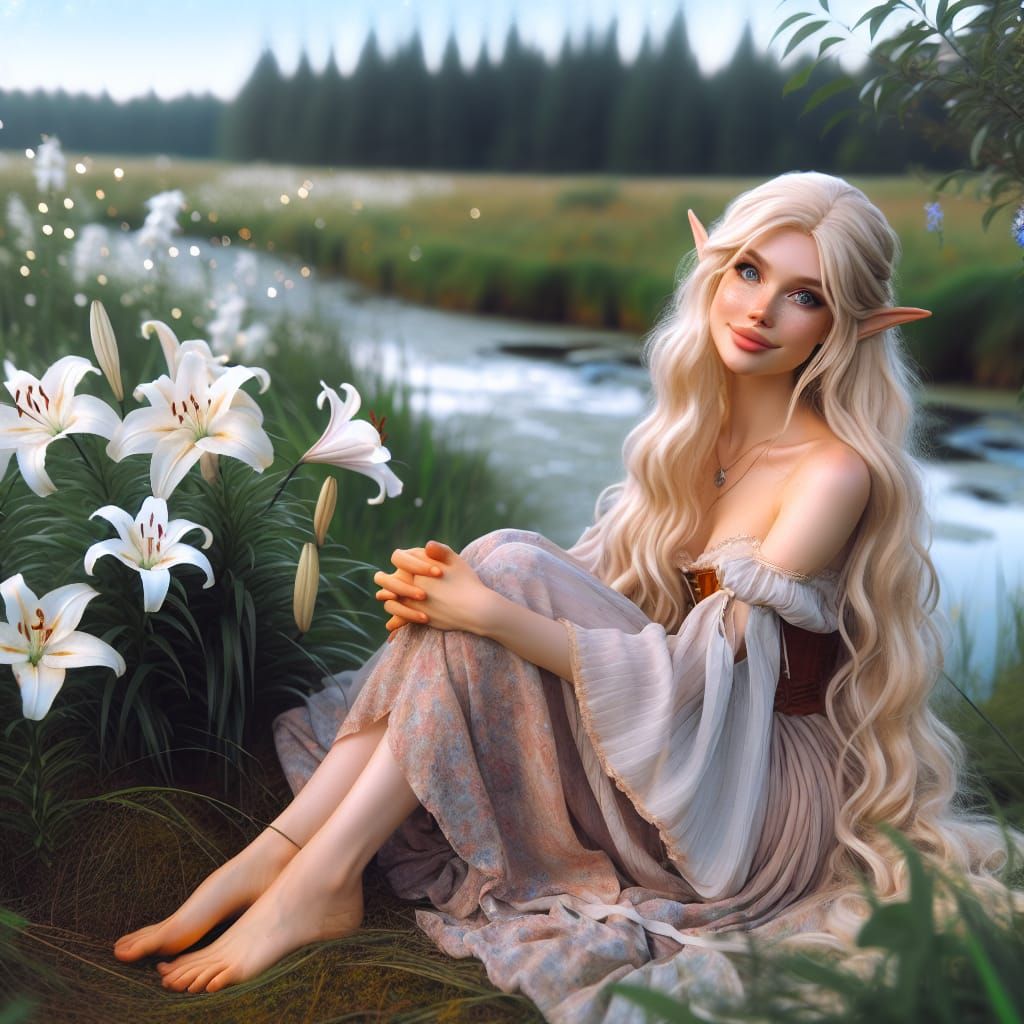 Eladrin in Lily Meadow: Fantasy Scene