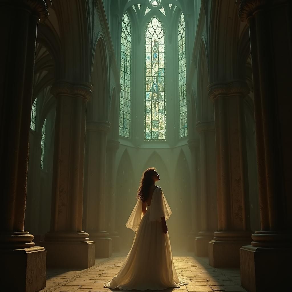 Cathedral Horror: Woman Gazing at Black Rain